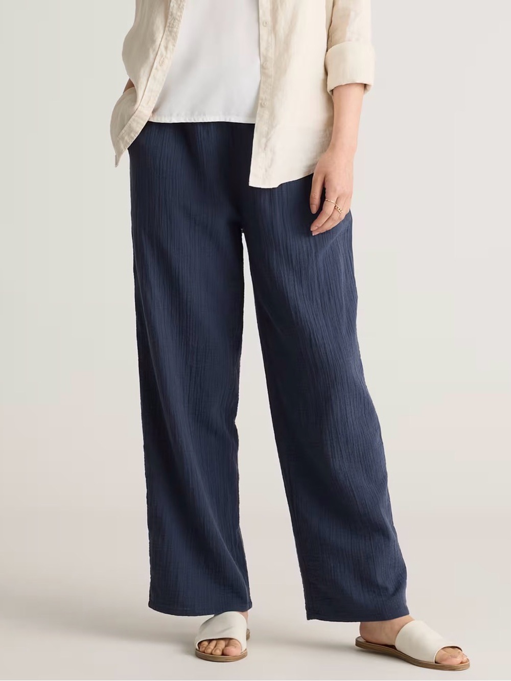 Women's QUINCE Organic Cotton Gauze Elastic Waist Pants Navy Blue Size Medium M